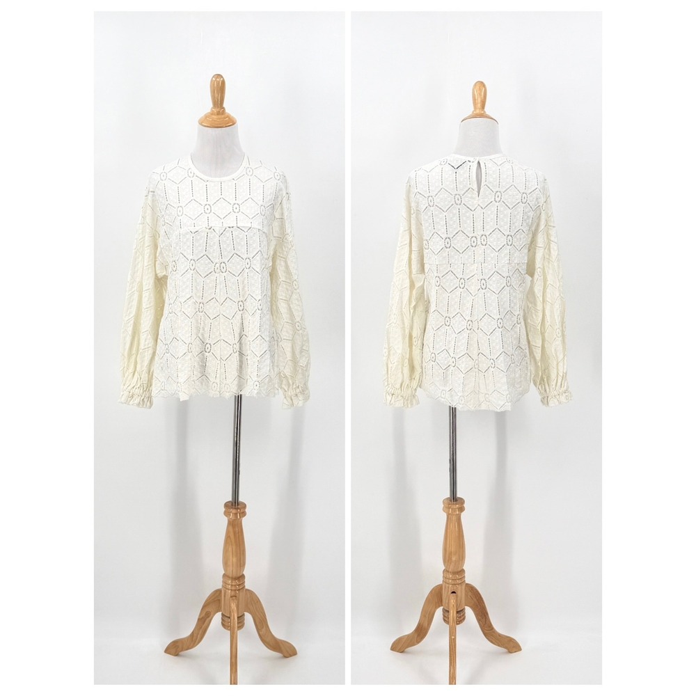PFEIFFER Crochet Top Women XS White Eyelet Crochet Lace Geometric Long Sleeve